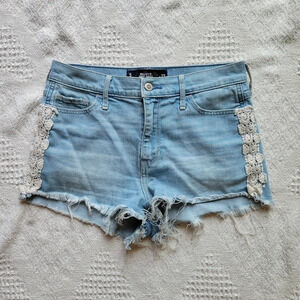 Hollister Light Wash Raw  Hem, Lace Trimmed Jean Shorts